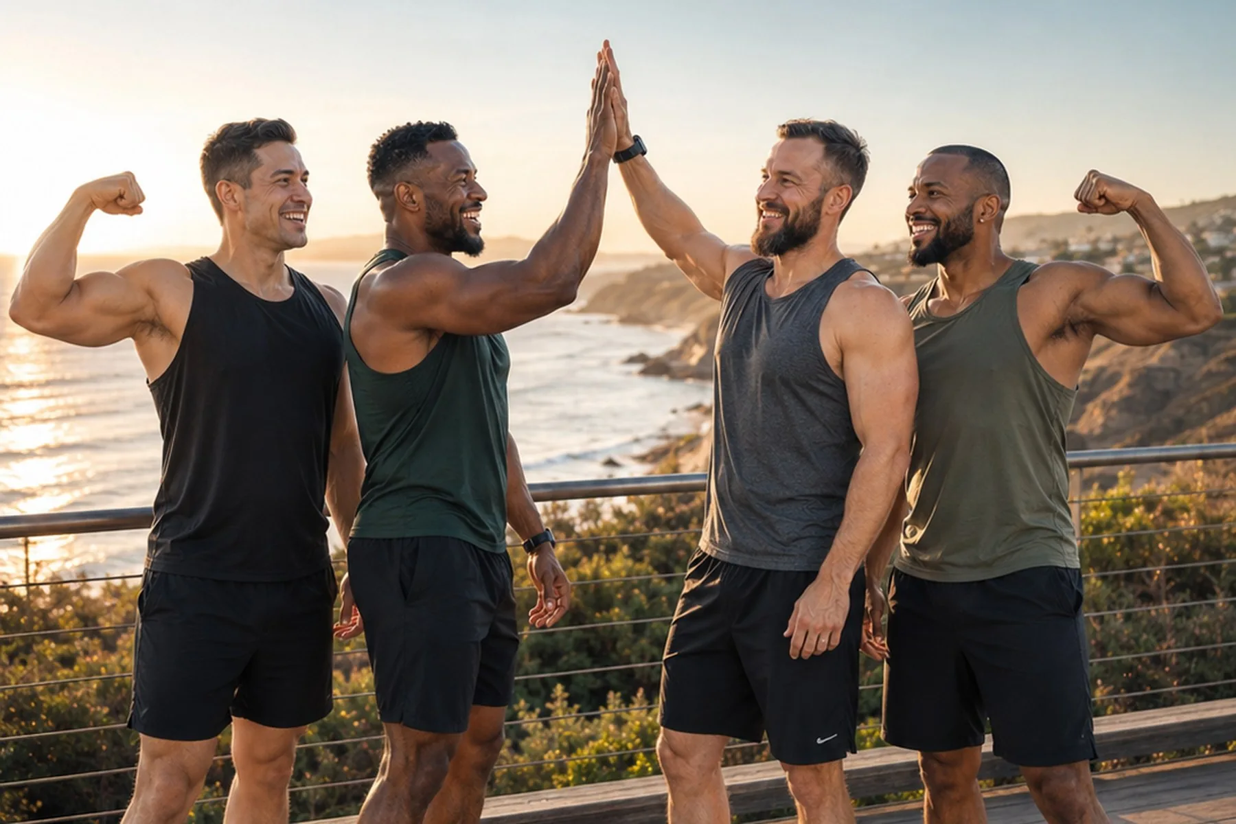 Four fit men high-fiving after a workout at sunset